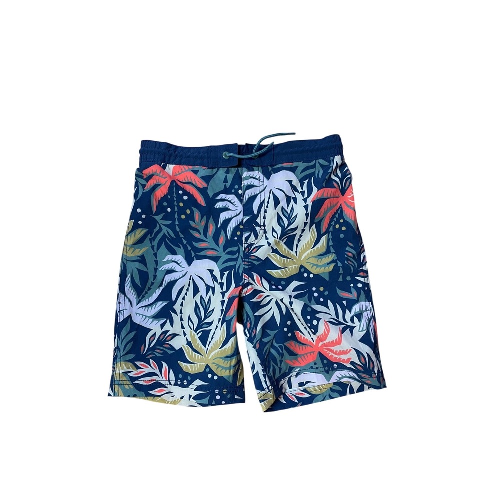 Old Navy Boys Tropical Palm Swim Trunks UPF 50 Navy /Coral / tan L 10-12